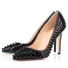 12cm Women Pointed Toe Rivet Studded Pumps Black Patent High Heel Sexy Stilettos