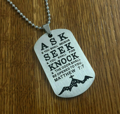 Stainless Steel Faith Bible Verse Matthew 7:7 Military Dog Tag Necklace  Engraved