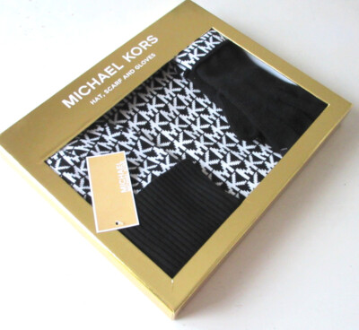 Authentic Michael Kors Knit 3-PC Gift Set Hat Scarf Gloves Black/White Logo  NEW