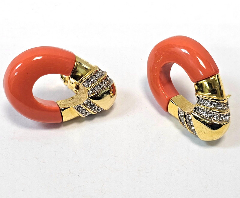 Designer Kenneth Lane Gold Plated Faux Coral & Rhinestone Crystal Hoop Earrings