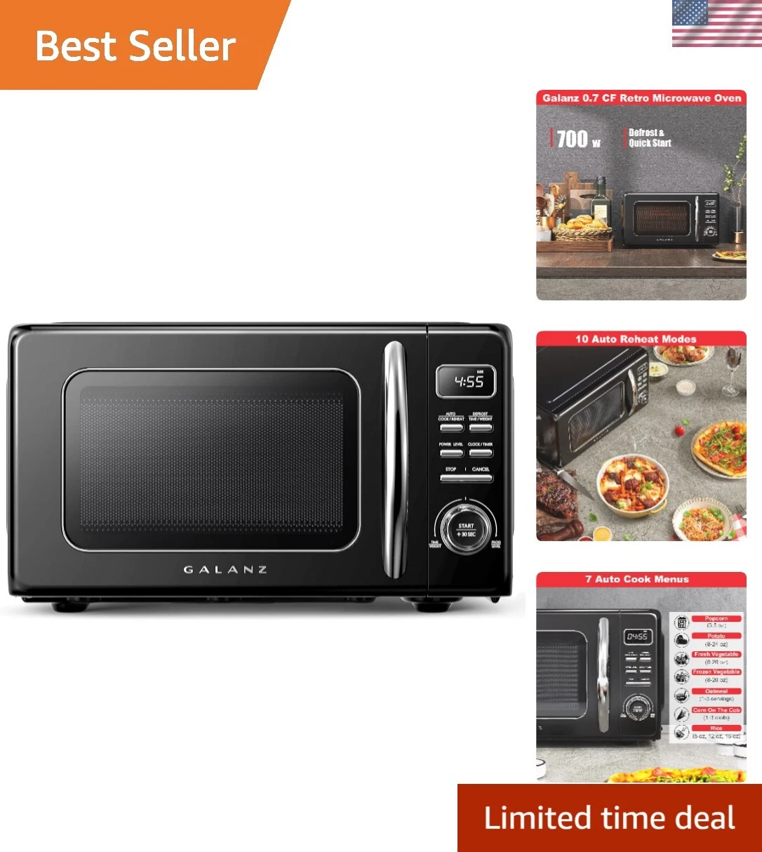Retro Countertop Microwave Oven with Auto Cook & Reheat, Defrost, Quick Start...