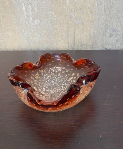 Cuenco de Colección Murano Rojo Argento Amberina Vidrio Soplado Borde Enrollado - Imagen 2 de 7