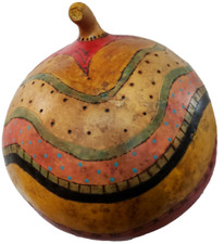 Folk Art Handcrafted Gourd Bowl With Lid Artist Signed Painted 7x9 26" Diameter