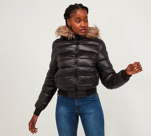 Womens Padded Fur Trim Jacket (Black 