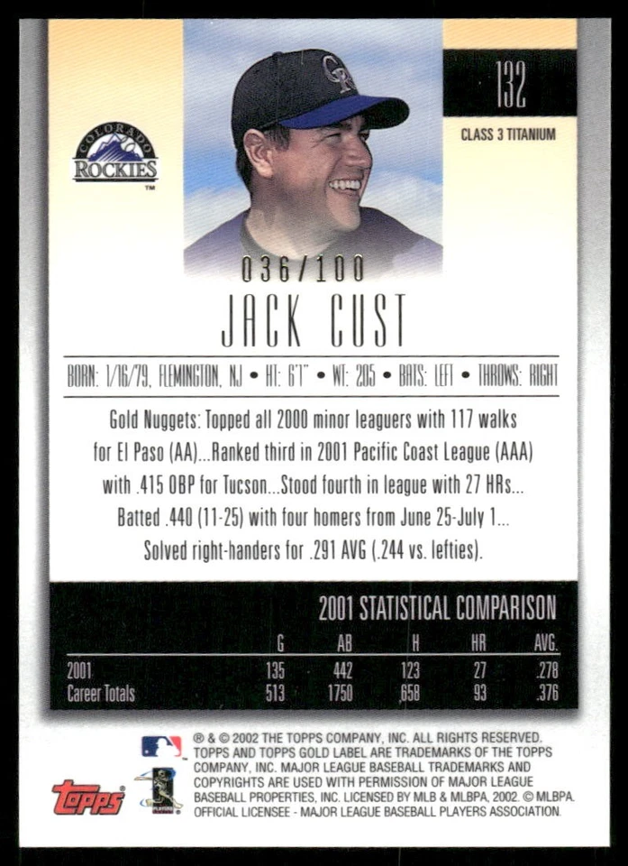 2002 Topps Gold Label Class 3 Titanium #132 Jack Cust /100 - BB - Image 2 of 2
