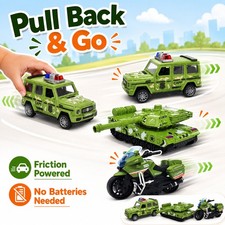 3 PCS Kids Friction Powered Pull Back Vehicles Toy Gift w/ Truck Tank Motorcycle