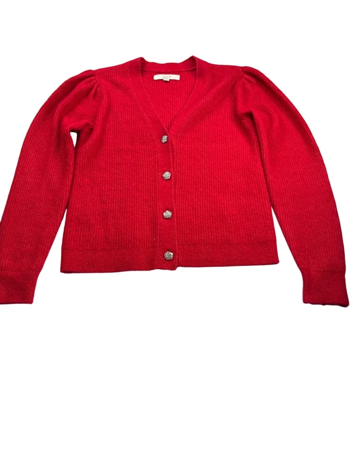 Loft Womens Fuzzy Red Button Front Cardigan Sweater Size S Rhinestone Buttons - Image 3 of 4