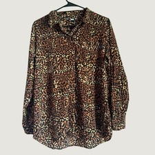 Nine West Leopard Print Button Down Blouse Brown Orange Animal Top PL