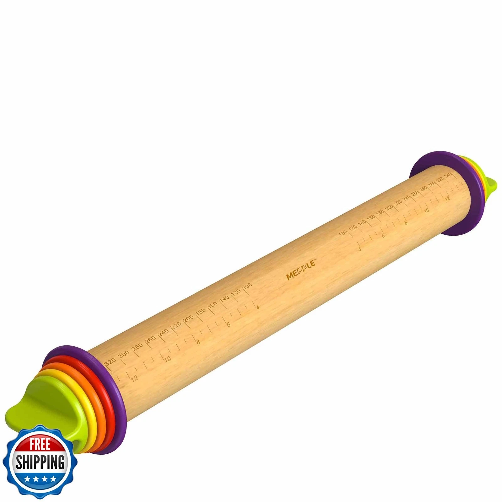 Mepple Rolling Pin with Thickness Rings for Baking,Fondant, Pizza