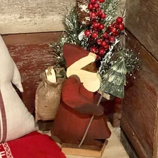 Vintage Christmas Decor Santa Claus w Staff Folk Art Wood Primitive Hand Painted