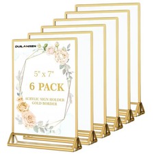 6 Pack Acrylic Sign Holder 5 x 7, Double Sided Gold Picture Frame Stand up Ta...