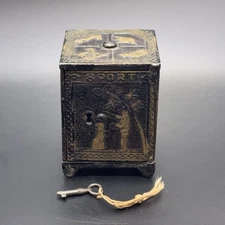 1883 Antique Kyser & Rex SPORT Cast Iron Safe Bank w Key Working Original