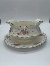 Vintage Gravy Boat With Attached Underplate Floral Design 