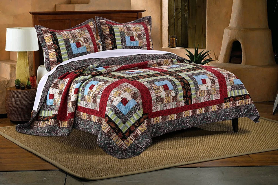 COLORADO LODGE 3pc King * QUILT SET : FARMHOUSE JAXSON LOG CABIN PATCH RED BROWN - Image 2 of 4