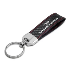 Black Leather & Carbon Fiber Key Chain Red Stitching - Ford Mustang