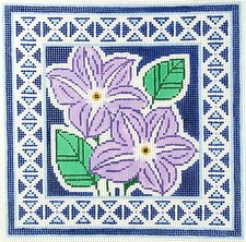 Purple Violets on Blue Border Design handpainted 13 mesh Needlepoint Canvas LEE