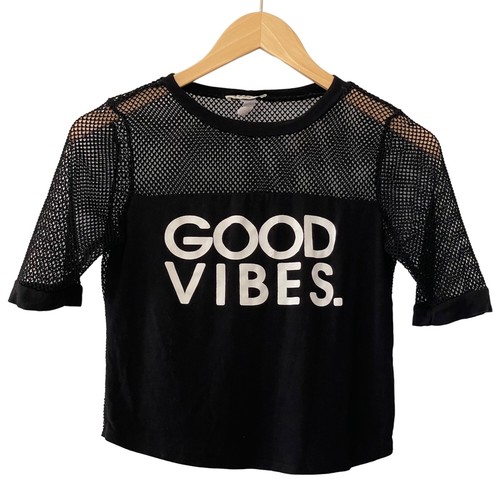 Beware Womens Size S/M? Good Vibes Graphic Top Black Fish Net Mesh Crop Stretch