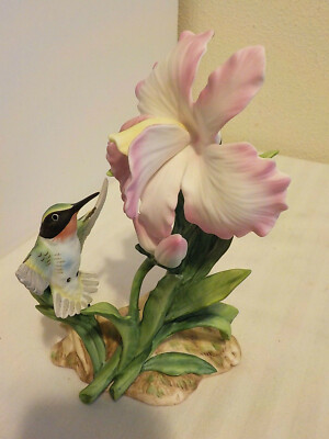 VINTAGE 1985 HOMCO MASTERPIECE HUMMINGBIRD ON PINK ORCHID SIGNED MIZUNO