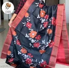 New Linen Cotton Sari With Unstitched Blouse Piece Party Wedding Wear For Women