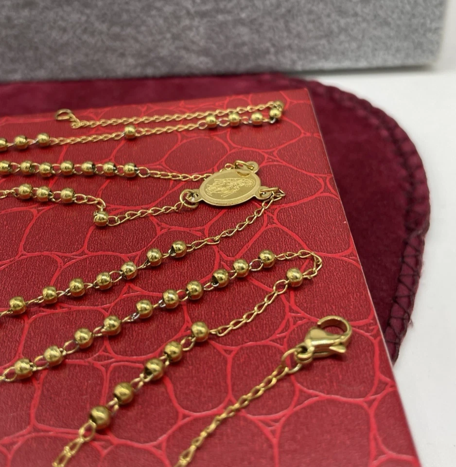GIROCOLLO DI PERLE ROSARIO DORATO MADONNA E CROCE COLOR ORO UOMO DONNA DA REGALO - Immagine 3 di 4