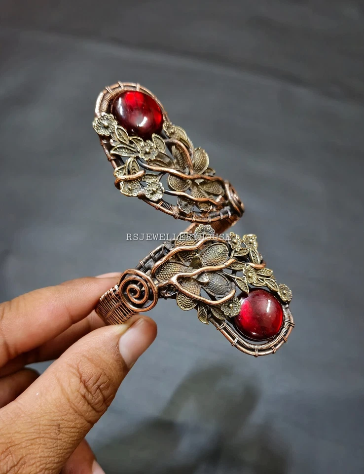 Hermoso Brazalete Doble Rojo Labradorita Piedras Preciosas Brazalete Envuelto Alambre Regalo Foto 2 de 4