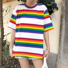 Ladies Rainbow Striped Cotton T-shirt Loose Harajuku Top Casual Short Sleeve New