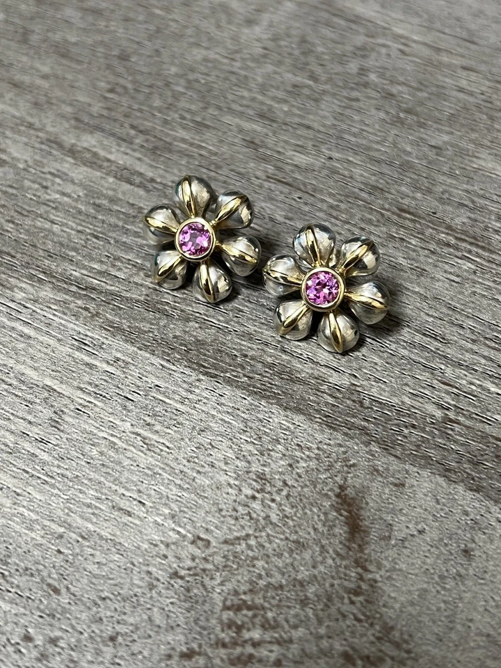 18k Gold & .925 Sterling Silver Pink tourmaline Flower Pedal Earring Studs - Image 4 of 4