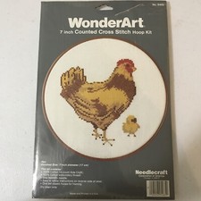 WonderArt Cross Stitch Hoop Kits 2 Rooster And Hen W/Chick New Old Stock