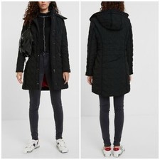 New Desigual Black Padded Hooded Slim Fit Coat Us Women's Size 8 Nwt