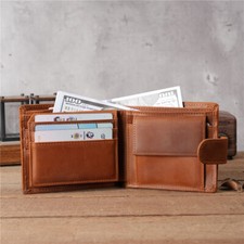 Crazy Horse Skin Bi-fold Wallets Men's Business ID Card Holder Purse