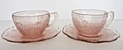 Pink Cherry Blossom 2 tea / coffee cup & saucer sets depression glass Jeannette
