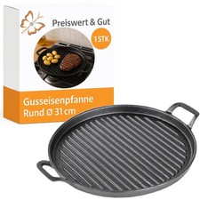 Grillplatte Gusseisen Pfanne Ø31cm Rund Platte 2,9kg mit Griffen für Grill