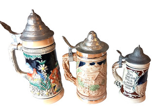3 Lidded German Beer Steins of various sizes. Vgc