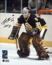Gerry Cheevers Signed Bruins Goalie Black Jersey 8x10 Photo w/HOF'85 - SS COA