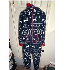 Tipsy Elves Mens XL Reindeer Fair Isle Fleece Hooded Jumpsuit Navy One Piece K15