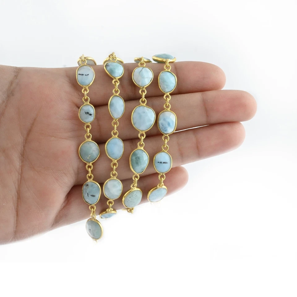 Cadena Conector Larimar Natural Bisel Chapado en Oro Ovalado Piedras Preciosas Rosario Joyería Foto 2 de 4