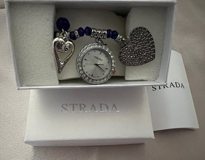 NIB! STRADA Ladies  Watch w/Crystals & Heart Charms On Blue Beaded Bracelet