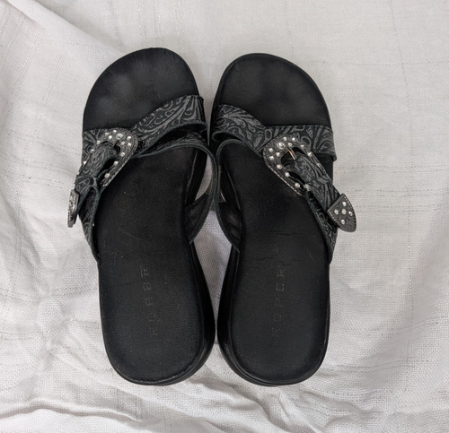 Roper Chunky Western Sandals Women 9 Black Rhinestone Buckle Strap Slip On - Picture 5 of 11