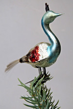 VTG Glass Clip On PEACOCK Blue Neck BIRD Spun Tail Christmas Ornament Germany