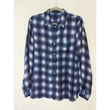 Jenni Kayne 100% Silk Blouse Plaid Button Down Top Blue Long Sleeve Large