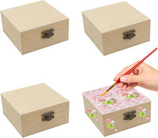 4 PCS Unfinished Wood Box for Crafts Small Wooden Square Box with Hinged Lids an