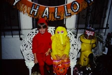 1980s Halloween Kids Costumes Big Bird Red Devil Cute Vintage Photo 35mm Slide