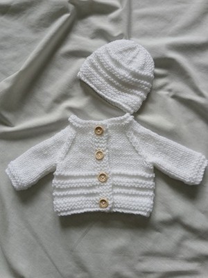 NEU Frühchen 3-5 Pfund Baby/Puppen handgestrickt Jacke & Mütze Set weiß