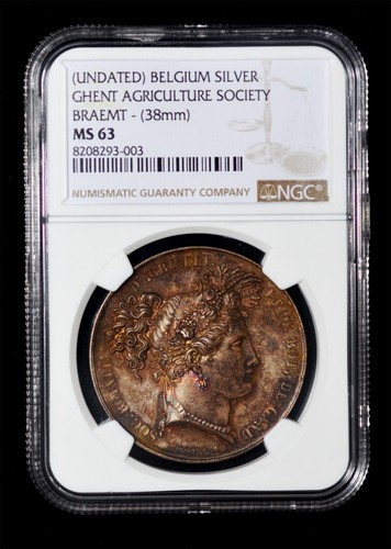 NGC MS63 Belgium Ghent Agricultural Society Medal, 38mm. By Braemt. beautiful to - Picture 3 of 4