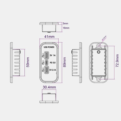 Dual USB+PD Type C Port Car Fast Charger Socket Power Outlet Panel Mount 12V/24V - Picture 10 of 10