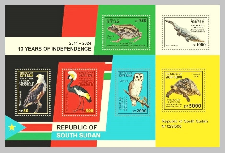 SOUTH SUDAN 2024 MS 6V - EAGLE OWL OWLS FROG FROGS TURTLE TURTLES CROCODILE MNH - Image 1 of 1