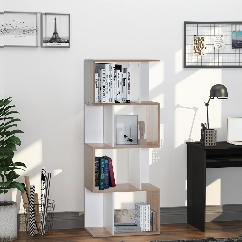 HOMCOM Libreria Design Moderno a 4 Ripiani 60x24x148cm Bianco e Legno Naturale - Immagine 2 di 4