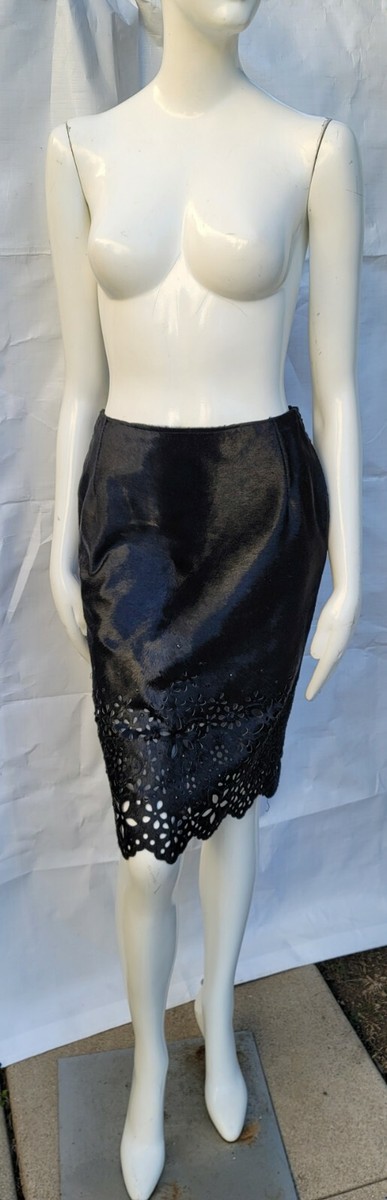 $2000 NWOT OSCAR DE LA RENTA Leather Cowhair Laser Cut And Beaded Skirt SZ