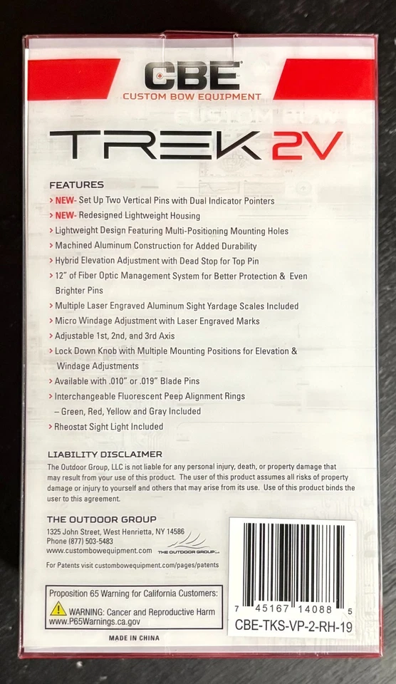 CBE Trek 2V .019 Archery Sight 2 Vertical Pins Right Hand New - Image 2 of 2