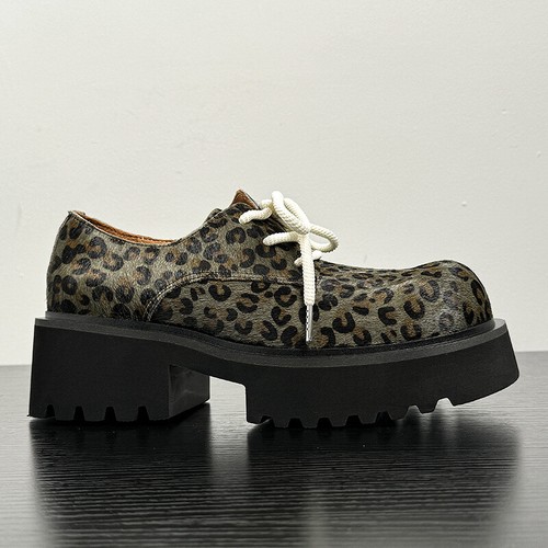 Mens Leopard Print Leather Shoes Breathable Lace Up Round Toe High Heels Shoes - 第 1/18 張圖片